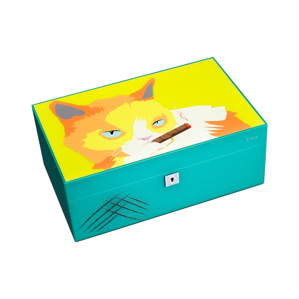 SIGLO ACCESSORIES [style_8010202009885] Hộp đựng Xì Gà bằng gỗ công nghiệp màu vàng/xanh - SIGLO CAT HUMIDOR - YELLOW/GREEN. KT: 36.7 x 22.9 x 13.5cm