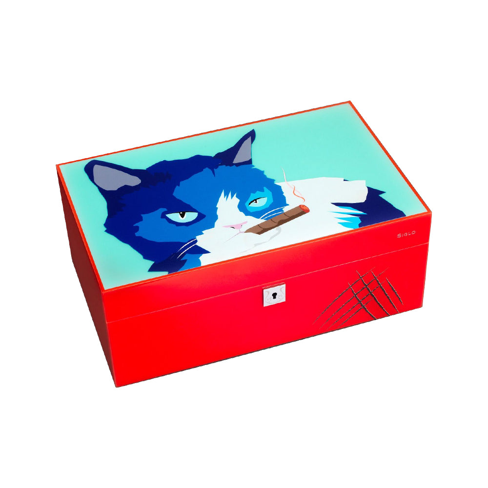 SIGLO ACCESSORIES [style_8010202009886] Hộp đựng Xì Gà bằng gỗ công nghiệp màu đỏ/xanh - SIGLO CAT HUMIDOR - BLUE/RED KT: 36.7 x 22.9 x 13.5 cm