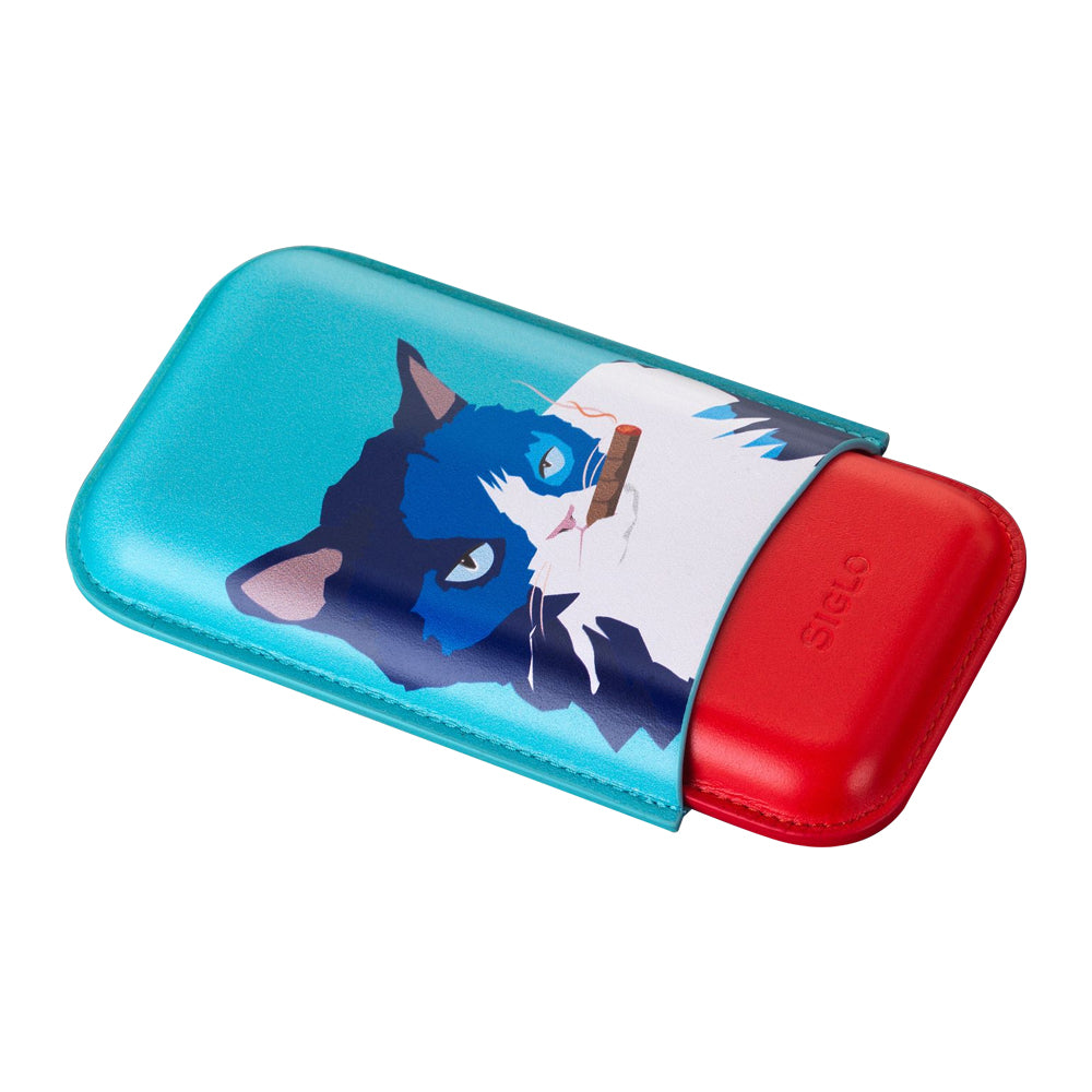 SIGLO ACCESSORIES [style_8010202009890] Bao da đựng Xì Gà bằng da bò màu đỏ/xanh - SIGLO CAT CIGAR CASE - BLUE/RED