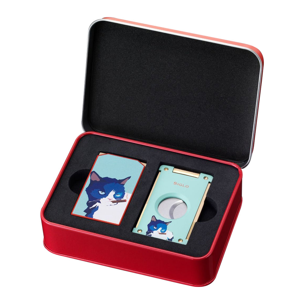 SIGLO ACCESSORIES [style_8010202009897] Bộ phụ kiện bật lửa &amp; dao cắt Xì Gà bằng kim loại - SIGLO CAT LIG &amp; CUT SET - BLUE/RED